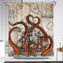 Octopus Shower Curtain 60x72 Funny Vintage Nautical Bathroom Decor in Warm Orange Brown Coastal Style