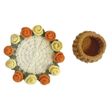 Rose Bouquet Coaster Crochet Flower Placemat Hand Woven Bouquet Cupmat Home Desktop Potted Plant Ornaments with Basket B