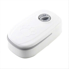 Distributore automatico di cibo per animali domestici con timer, contenitore staccabile, colore grigio.