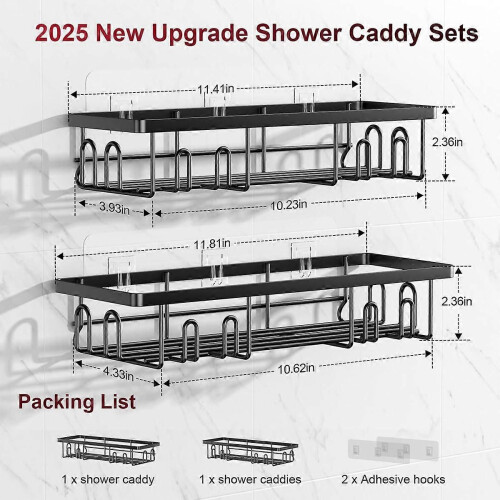 Stick-on Shower Organizer, Shower Rack with 16 Hooks, Black 2-Pack 1