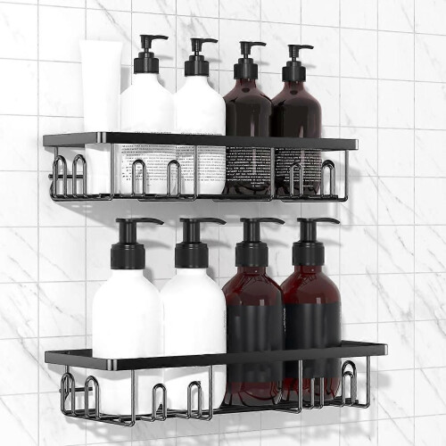 Stick-on Shower Organizer, Shower Rack with 16 Hooks, Black 2-Pack 2