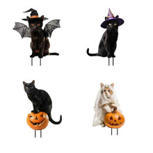 4 st Halloween-dekorationer utomhus söt kattskylt med pumpa metallkattdekor för gårdsträdgård gräsmatta