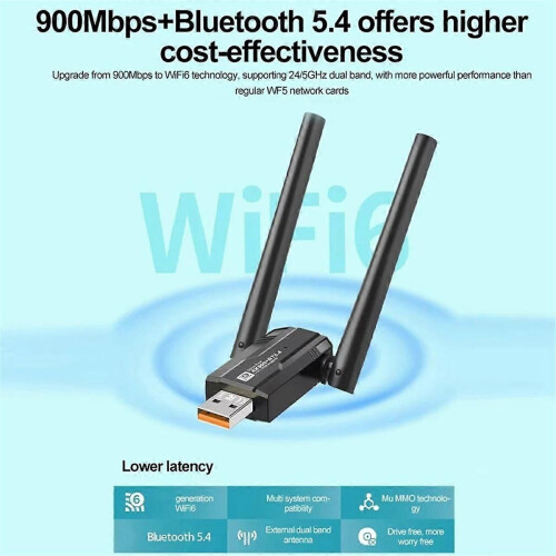 Προσαρμογέας WiFi USB 900Mbps Διπλής Ζώνης Bluetooth 5.4 2 σε 1 Wi-Fi 6 Don 2
