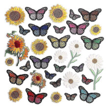 Aufbügelbare Applikationen mit Stickerei, 33 Stück, Sonnenblumen- und Schmetterlingsmotive für Kleidung,