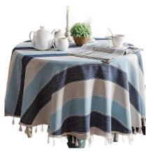 Round Rustic Tablecloth Farmhouse Striped Cotton Linen Tablecloth with Tassel Heavy Duty Table Cover for Tabletop