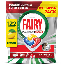 Fairy Platinum Plus Dishwasher Tablets Lemon, 122 Capsules, Impeccable Clean Even In Quick Cycles Without Pre-Wash, Anti-Dull Technology, Super Shine