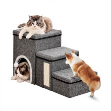 Blendra Dog Steps,3 Step Foldable Pet Stairs for Bed Sofa,4 in1 Dog Stairs with Storage Box,Scratcher,Toy Ball,House for Small Dogs Cats,Grey