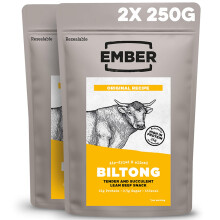 Ember Beef Biltong Original 500g - High Protein Meat Jerky Snack - Ready to Eat, Low Fat, No Added Sugar, Keto, No Artificial Flavours - 2 x 250g Rese