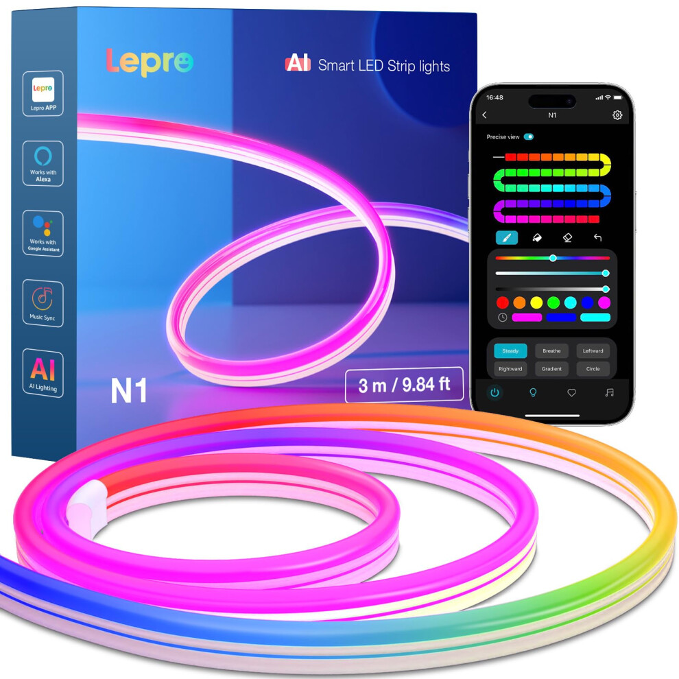 Lepro N1 Ai Smart Neon Rope 3M Rgb+Ic, Works With Alexa & Google Assistant, Music Sync Led S For Bedroom, App Voice Control, Personalized Light 44400866