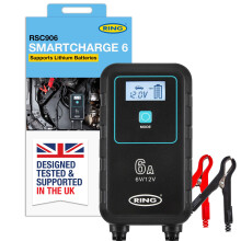 RING SMARTCHARGE 6A Car Charger & Maintainer With Crocodile Clips & Built-In Hanging Hook - Compatible With Lithium Ion, Lead Acid, Gel, Calcium, EFB