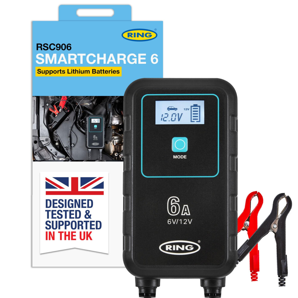 Ring Automotive Ring Smartcharge 6A Car Charger & Maintainer With Crocodile Clips & Built-In Hanging Hook - Compatible With Lithium Ion, Lead Acid, Gel, Calcium, Efb