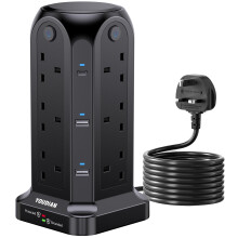YOUDIAN Tower Extension Lead 2M with USB Slots,12 Way Multi Plug Extension Tower,Max.3250W Capacity,Surge Protection Extension Cord with Switch,Plug S