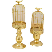 2PCS Retro Bird Cage Candle Holder Metal Iron Art Candlestick Gold