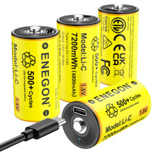 ENEGON 4-Pack Rechargeable C/LR14 Lithium Batteries,7200mWh 1.5V with 2-in-1 USB-C Cable for High-Drain Devices: Flashlights, CD Players, Camping/Emer