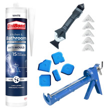 White Silicone Sealant Application Bundle With Unibond Kitchen & Bathroom Sealant, Caulking Gun, Silicone Remover Tool & Finishing Tool for Bathrooms