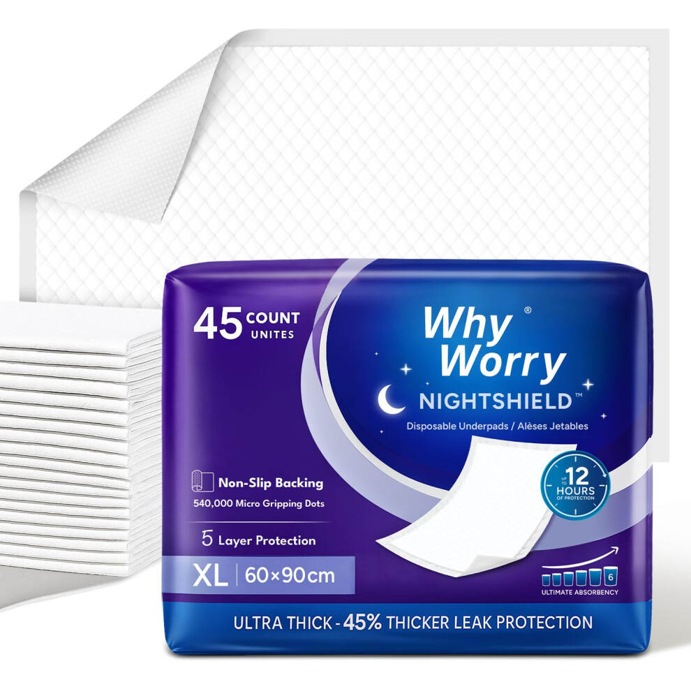 Whyworry Nightshield Disposable Incontinence Bed Pads, 60 X 90 Cm Bed Wetting Mats For Adults With Anti Slip Grip, Underpads, Pee Pads, Mattress Prote