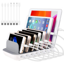 PRITEK Charging Station for Multiple Devices 60W/12A 7 Ports Desktop Charger Station with 6 Ai USB Ports + 1 Type-c Port with 7pcs USB Cables Compatib
