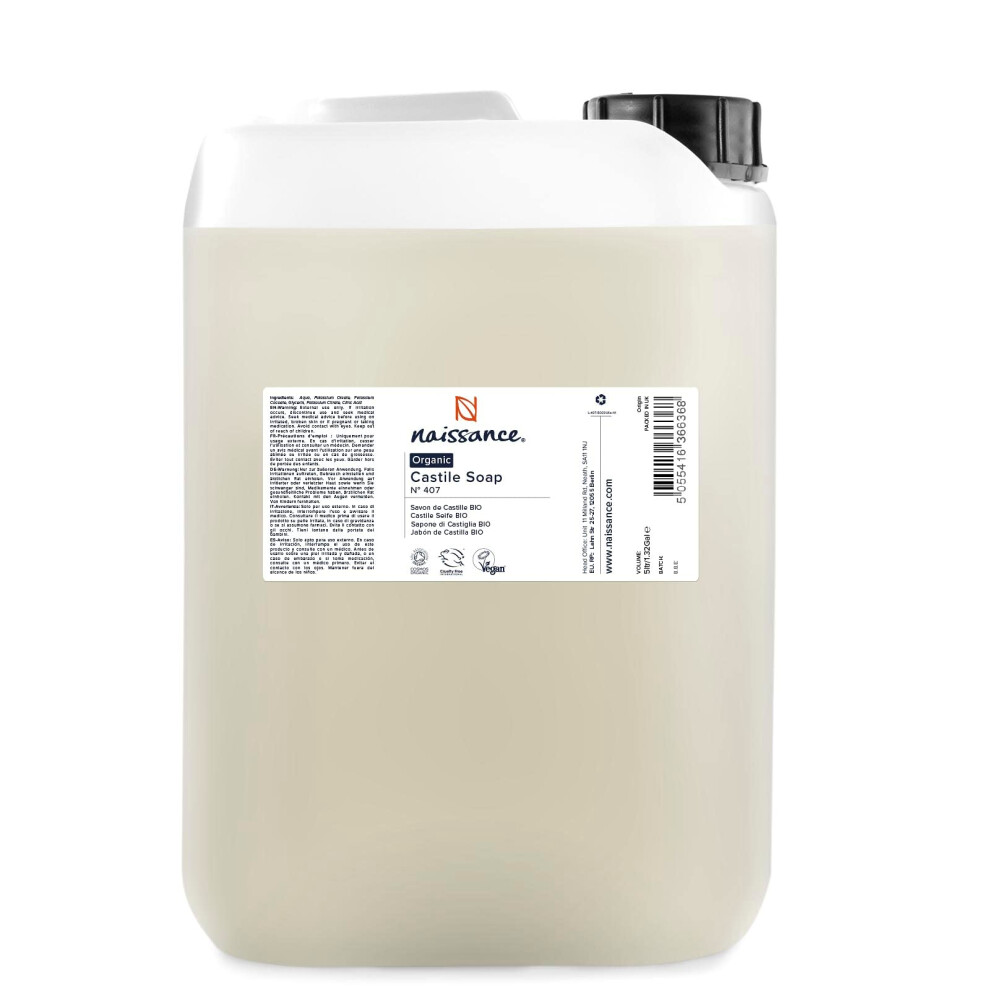 Naissance Liquid Castile Soap (No. 407) - 5 Litres - Natural Certified Organic Fragrance Free - Vegan, Sls And Sles Free