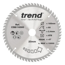 Trend Wood Circular Saw Blade, 165mm Diameter, 20mm Bore, 60 Teeth, 2.4mm Kerf, +5 Hook, TCT, Extra-Fine Finish, CSB/16560