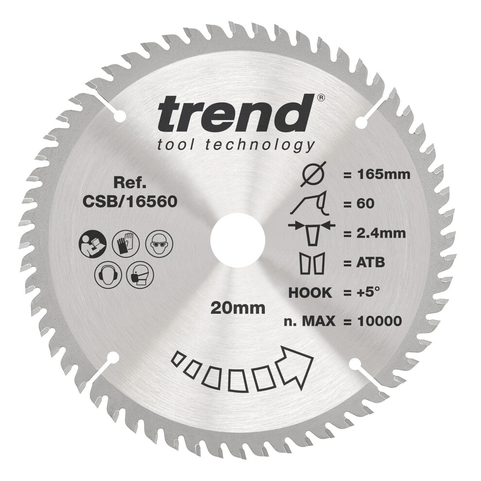 Trend Wood Circular Saw Blade, 165Mm Diameter, 20Mm Bore, 60 Teeth, 2.4Mm Kerf, +5 Hook, Tct, Extra-Fine Finish, Csb/16560