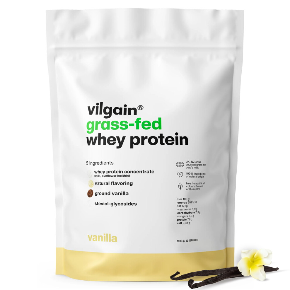 Vilgain Grass-Fed Whey Protein Powder Vanilla 1000G | 22.8G Protein Per Serving | British Sourced | Naturally Sweetened With Stevia