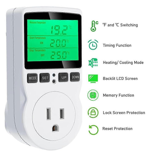 Digital Temperature Controller, Backlit LCD Screen Thermostat Heating Cooling Outlet Plug for Reptile Incubator US Plug 2