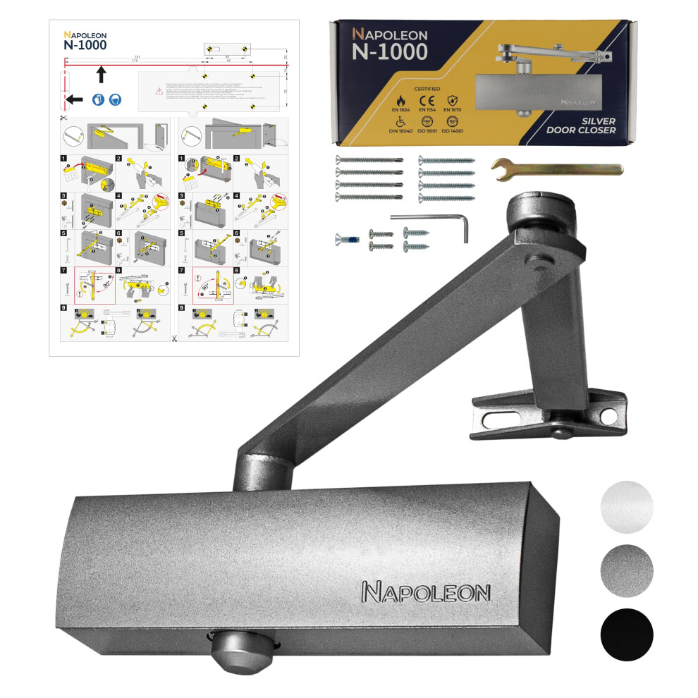 Napoleon N-1000 Robust Automatic Door Closer - En1154/En1634 Standards - Commercial & Residential - Door From 20Kg To 60Kg Size 3 - Drilling Template 3770032807003