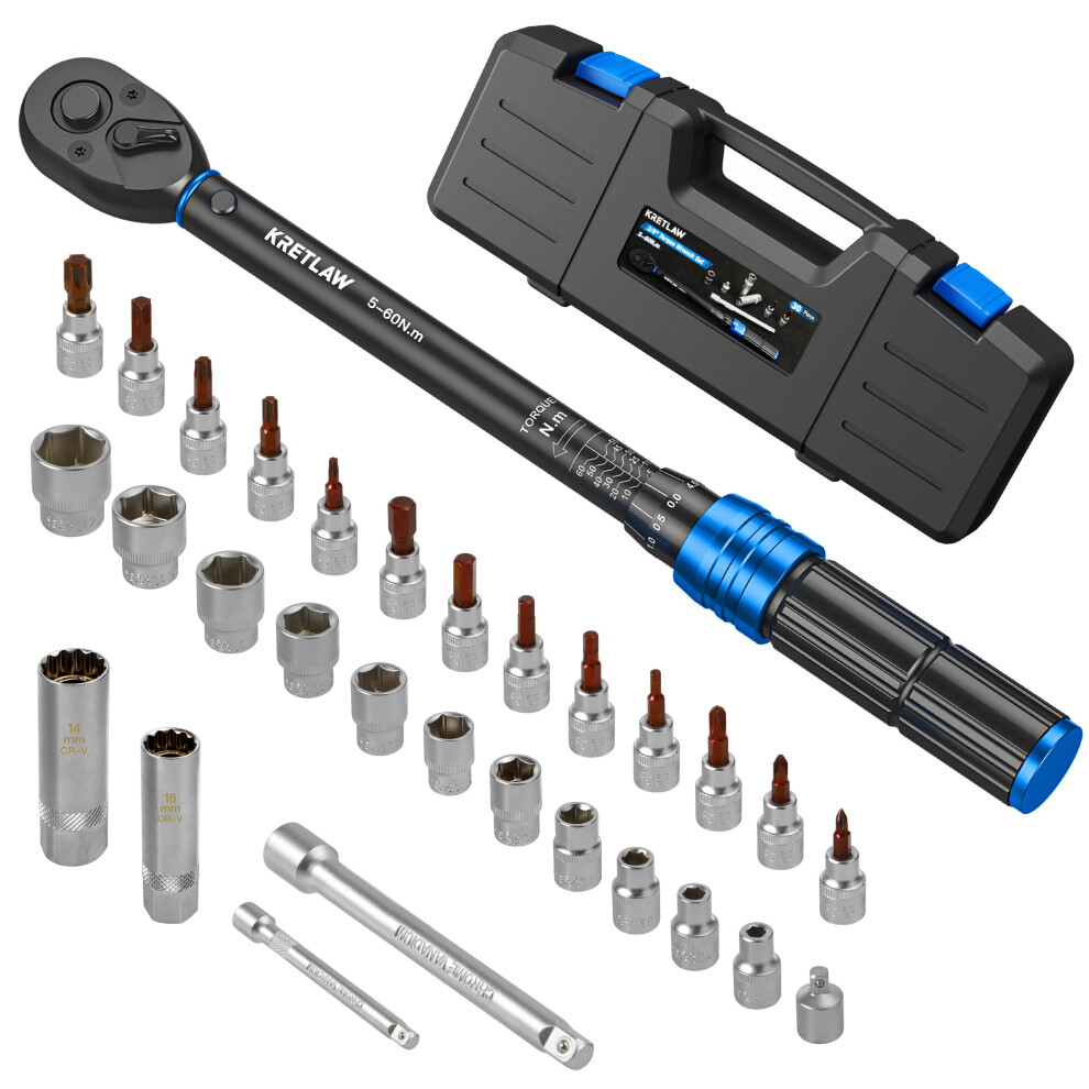 Kretlaw 3/8" Torque Wrench Set 30Pcs, 5-60 Nm Drive Click Torque Wrench (72 Teeth 3% Accuracy) With Extensions, Sockets 5051226599705
