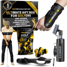 PROSKILLZ UK Golf Training Set + Club Cleaner + Free Tutorial Videos I Golf Grip Training Aid, Foam Practice Balls, Wrist Brace, Connection Band I Gol