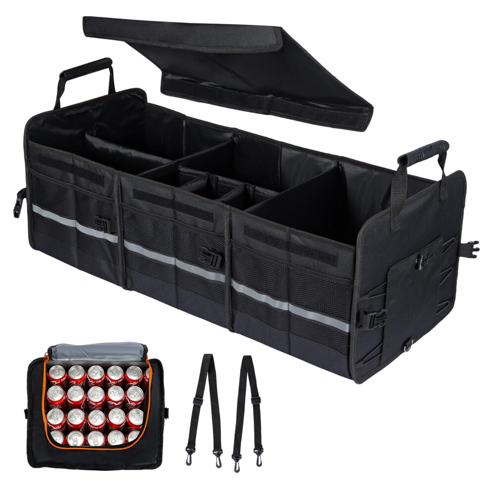 Greenwhim Xxl Car Boot Organiser With Insulated Cooler Extra Large Foldable Storage Box With Lid Heavy Duty Waterproof Trunk Organiser With Adjustable 736542750416