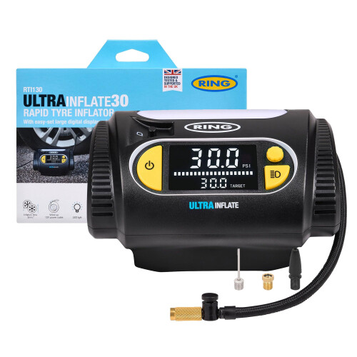 Ring Automotive RING ULTRAINFLATE 30 Rapid Digital Tyre Inflator - Digital Display With Quick Set, Auto-Stop & Progress Meter