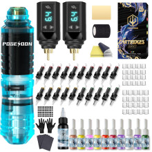 POSEIDON Wireless Rotary Tattoo Machine Kit with 20 Tattoo Cartridge Needles, Ink Set & 2 Rechargeable Batteries | Professional Portable Tattoo Pen fo