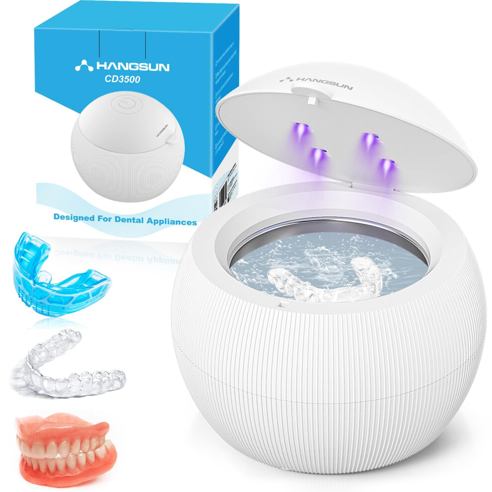 Hangsun Light Cd3500 Ultrasonic Retainer Cleaner - Professional Ultrasonic Denture Cleaner With Uv - Dental Cleaning Pod For Dentures, Aligners, Retai