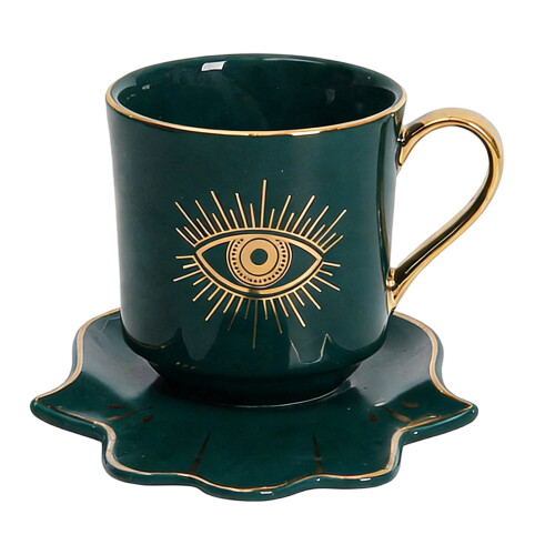 Turkish Arabic Evils Eye Pattern Ceramic Tea Cup Set with-Green