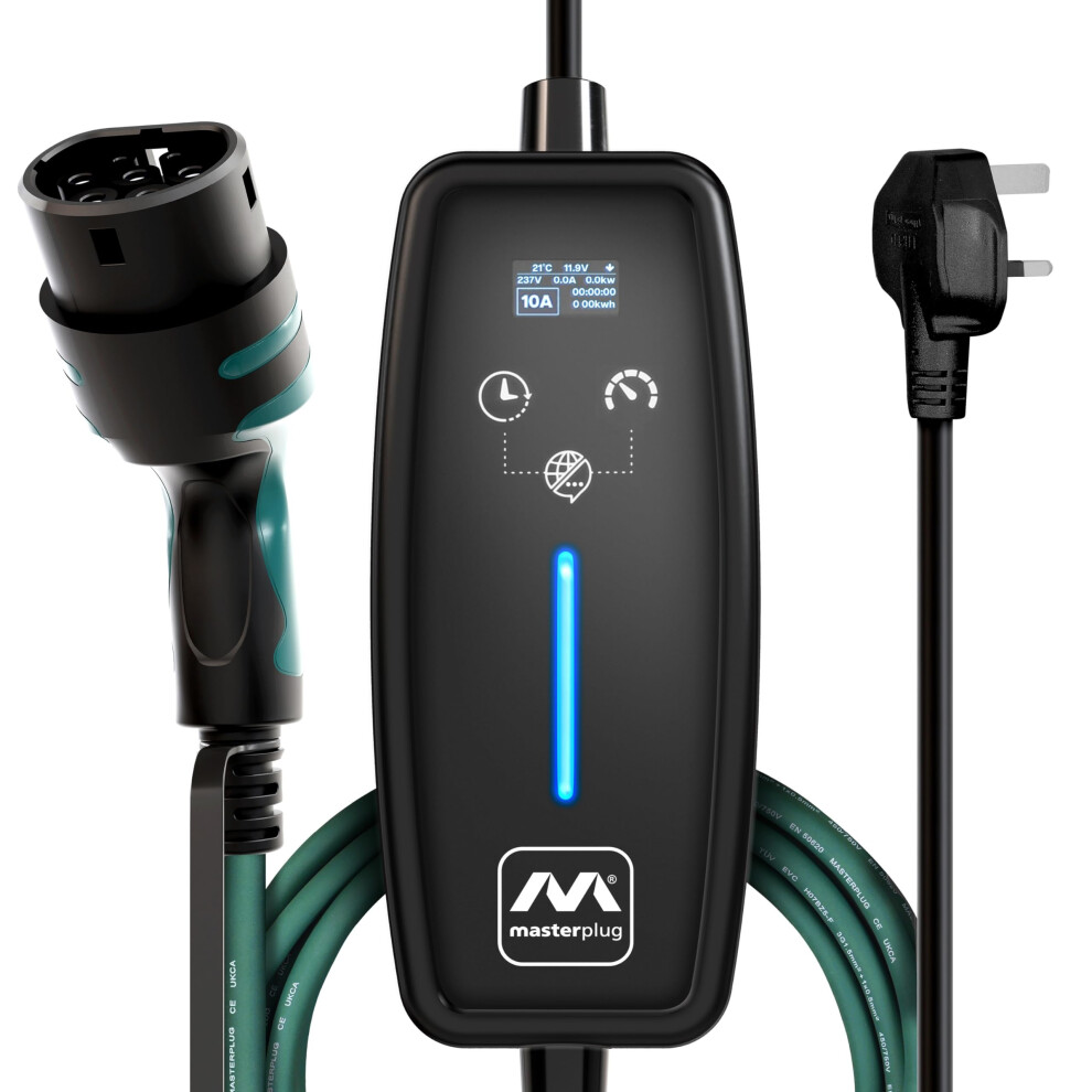 Masterplug Ev Charging Cable For Electric And Hybrid Vehicles, 3 Metres, Mode 2, 3 Pin Uk Plug To Type 2 Car Charger, 2.4Kw, Evcm221003-Mp 5003908264401