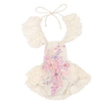 Tutukjole til babypige, rygløs halterneck jumpsuit med blomsterprintet blonde-heldragt, flæseærme-bodysuitdesign, blonde-heldragt til Cake Smash