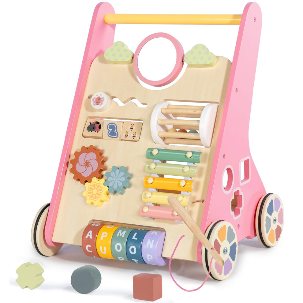 Wooden Baby Walker For 1 2 Year Olds, Toddler Push Along Walkers With Blocks, Multiple Walking Toys Activity Center For Boys Girls Gift Age 12 Lol-Fun