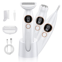 Bikini Trimmer Women, Waterproof 3-in-1 Lady Shavers for Women - Painless Electric Razor for Face, Body, Legs & Underarms with LED Battery Display, 12