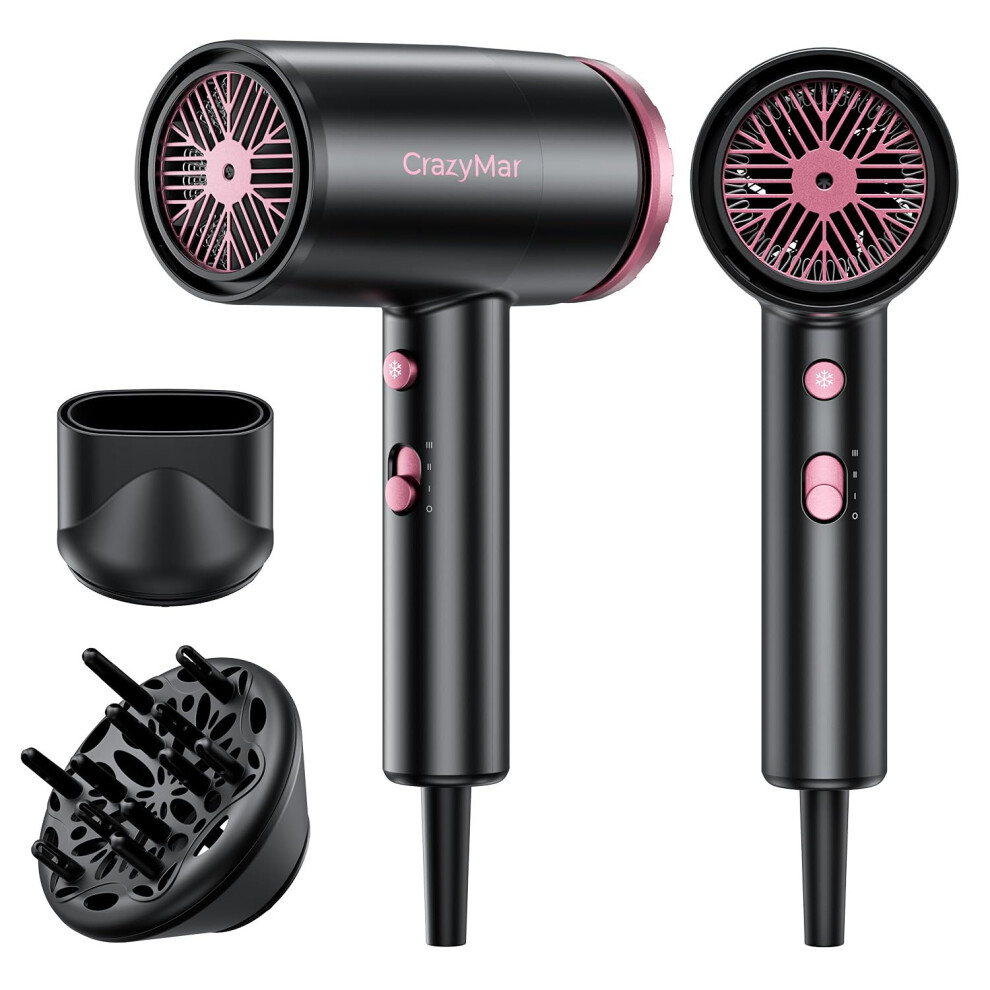Crazymar Lightweight Hair Dryer With Diffuser&Concentrator, Professional Fast Drying Blow Dryer For Curly&Straight Hair, Compact Airwrap With 3 Speed&