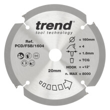 Trend PCD Fibre Cement Circular Saw Blade, 250mm Diameter, 30mm Bore, 6 Teeth, 2.4mm Kerf, +12 Hook, PCD, Coarse Finish, PCD/FSB/2506