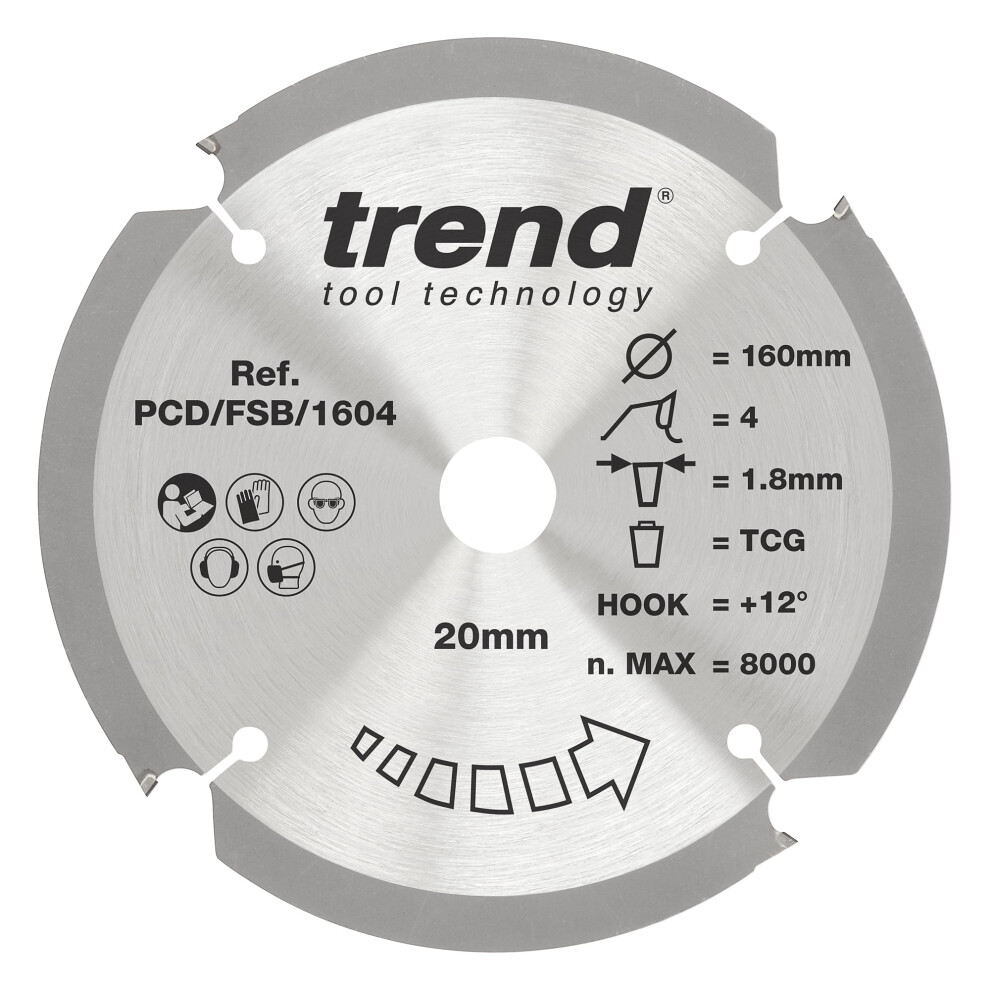 Trend Pcd Fibre Cement Circular Saw Blade, 165Mm Diameter, 20Mm Bore, 4 Teeth, 1.8Mm Kerf, +12 Hook, Pcd, Coarse Finish, Pcd/Fsb/1654