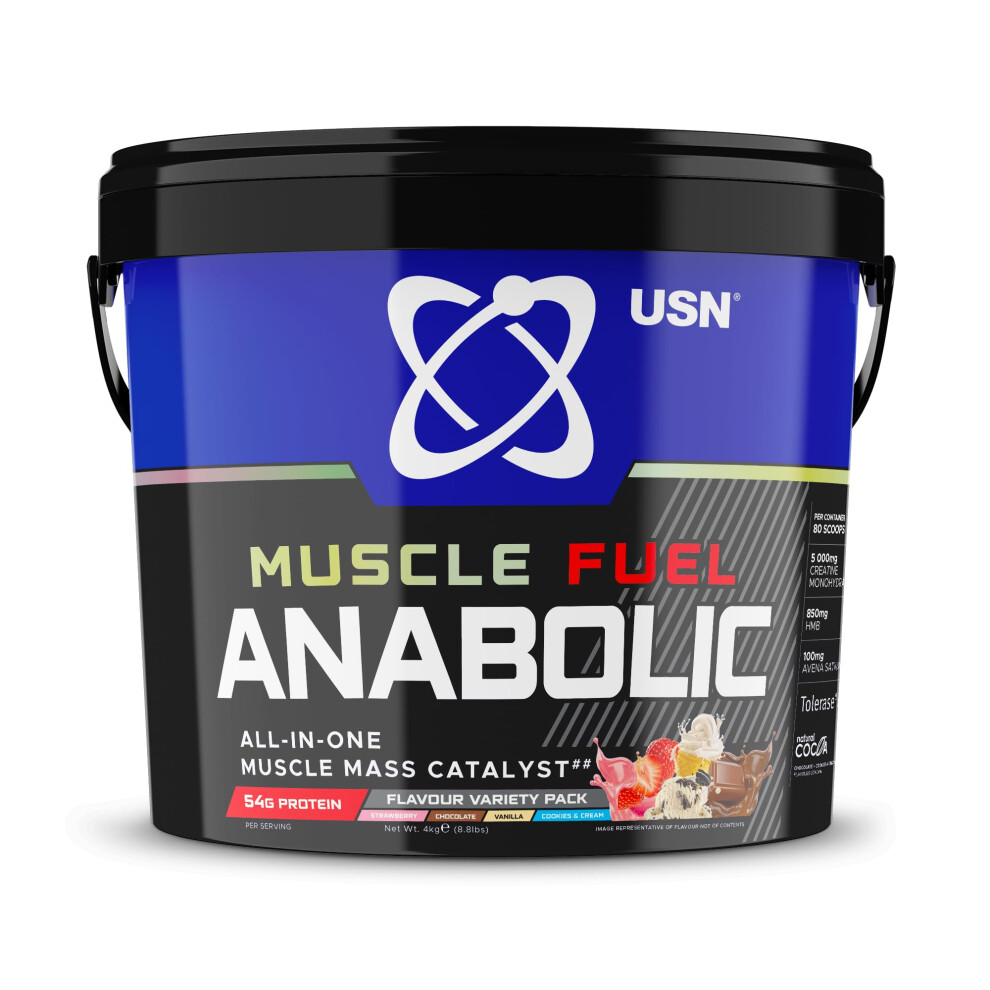 Usn Muscle Fuel Anabolic All-In-One Muscle Mass Gainer, Variety Flavour Pack - 4Kg, 54G Protein Powder, 5G Creatine Powder & 5G Bcaa Powder For Maximu