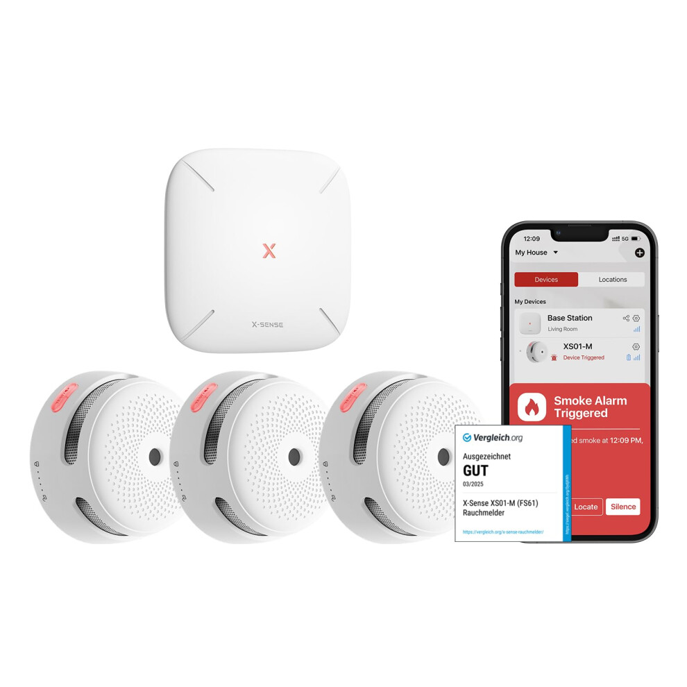 X-Sense Wi-Fi Smoke Alarms For Home With Sbs50 Base Station, Wireless Interlinked Smart Smoke Alarm Home Security System, Smart Fire Alarm, Compatible 850053675119