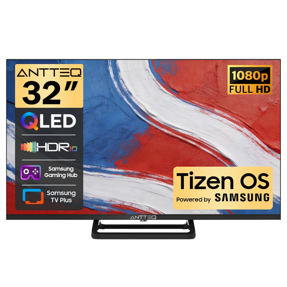 Antteq 32 Inch Smart Tv, Fhd Qled Tv Central Stand Design Tizen Os Television With Appletv+ Netflix Freeview Gaming Hub, Memc Hdr10 Ideal Large Screen 6940017328961