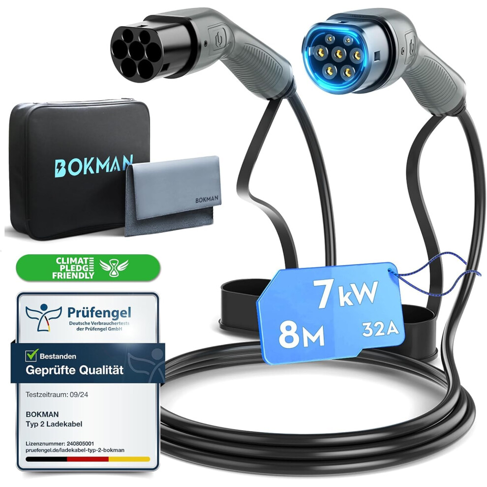 Bokman Type 2 Ev Charging Cable, Mode 3 / 32A / 7.2Kw / 1 Phase / 8 Meter, Electric Vehicle Car Plug-In Hybrid Type 2 To Type 2 Fast Charging Cable 198168407318