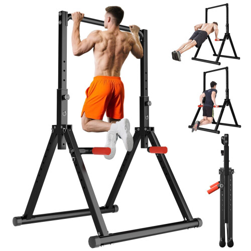 WATBKHE Power Tower Pull Up Dip Station Foldable, Pull Up Bar Station Adjustable, Multi-Function Home Gym, Strength Training Fitness Equipment (Black)