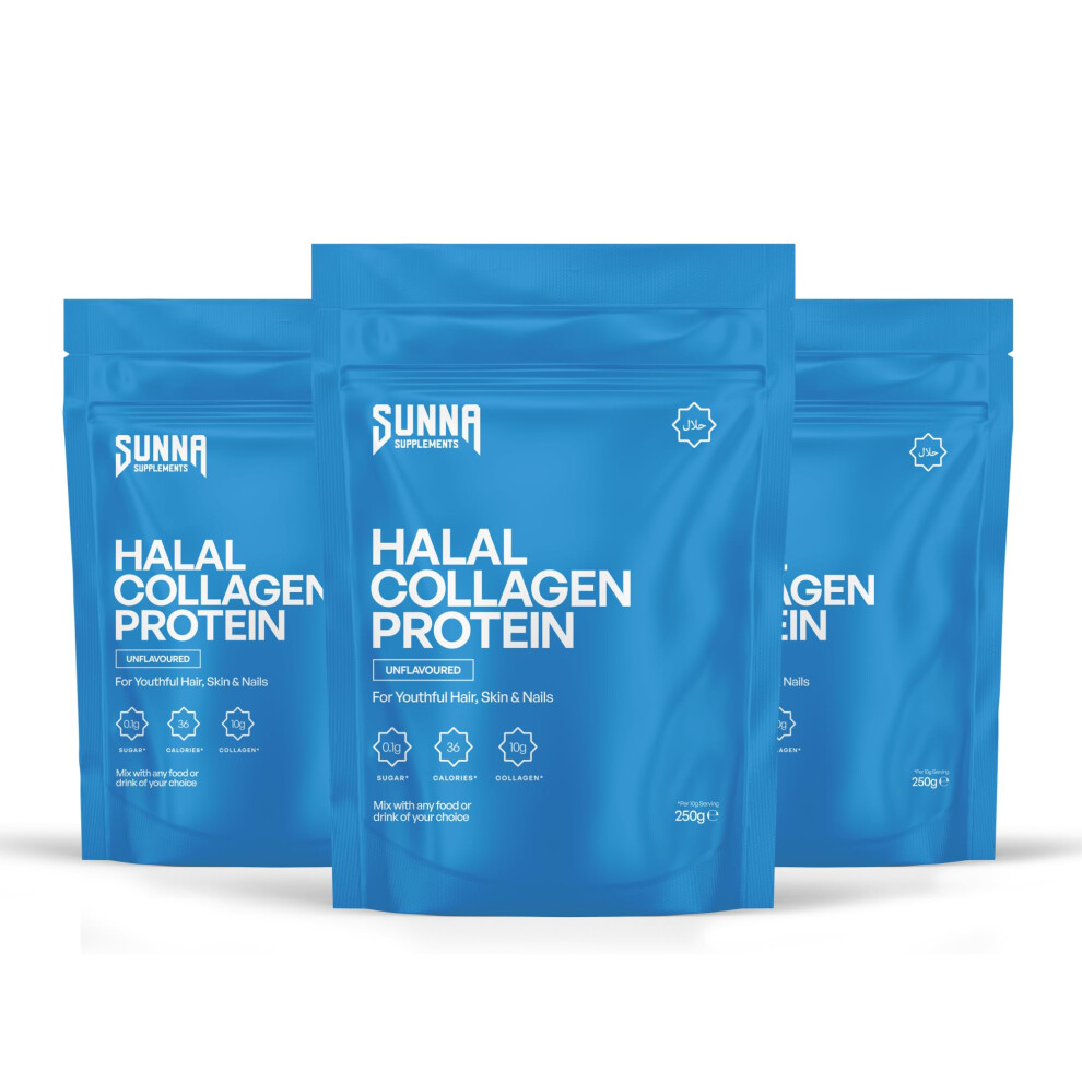 Sunna Supplements - Pack Of 3 Halal Bovine Collagen Protein Powder For Hair, Skin, Nails, And Joints. Type I & Iii Hydrolysed Premium Bovine Collagen