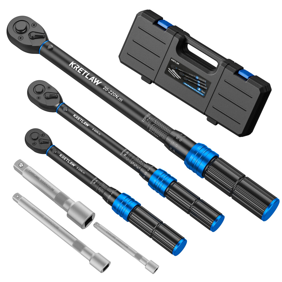 Kretlaw Torque Wrench 1/2" & 3/8" & 1/4", 6-Piece Reversible 72-Tooth Ratchet Torque Wrench Set, 20-220Nm, 5-60Nm, 5-25Nm Torque Wrenches With 3% Ac 5003611354246