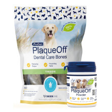 ProDen PlaqueOff 100% Natural Tartar & Bad Breath Remover for Dogs 60g Dental Powder with 13 Veggie Bones - Bundle for Healthy Teeth & Fresh Breath