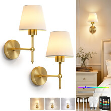 Dehobo Battery Operated Wall Lights Set of 2, Rechargeable LED Wall Sconces with Fabric Shade, Dimmable Wireless Lamp with Remote, 3CCT 12 RGB, Moder